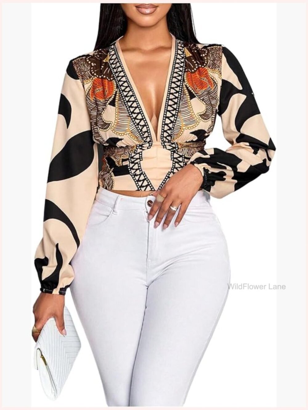 Boho Floral Print Deep V Neck Blouse Shirred Crop Dressy Casual Office Top